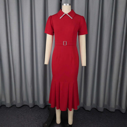 Red High-Waisted Lapel Short Sleeve Dress For Everyday Wear - red mid-length high-waist lapel dress with short sleeves and flared hem, office-to-daytime style