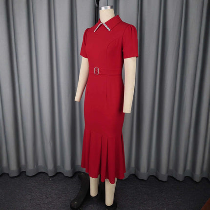 Red High-Waisted Lapel Short Sleeve Dress For Everyday Wear on mannequin, red mid-length high-waist lapel dress with short sleeves and belt