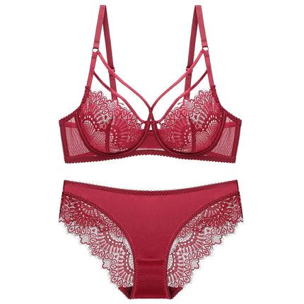 Lace 3/4 Cup Bra And Low Waist Brief Set Adjustable Straps - red lace underwire bra with low waist brief, double adjustable shoulder straps, everyday wear