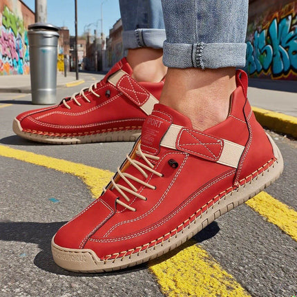 Leather Low Top Casual Boots For Outdoor Wear Wide Sizes - red stitched low-top leather casual boots with buckle accents on city street