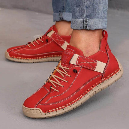Leather Low Top Casual Boots For Outdoor Wear Wide Sizes - red low-top leather casual boots with buckle belt detail and stitched rubber outsole