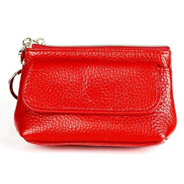 Litchi Texture Cowhide Small Wallet For Women Daily Use - red dumpling-style compact zipper and buckle wallet for cards, phone, coins