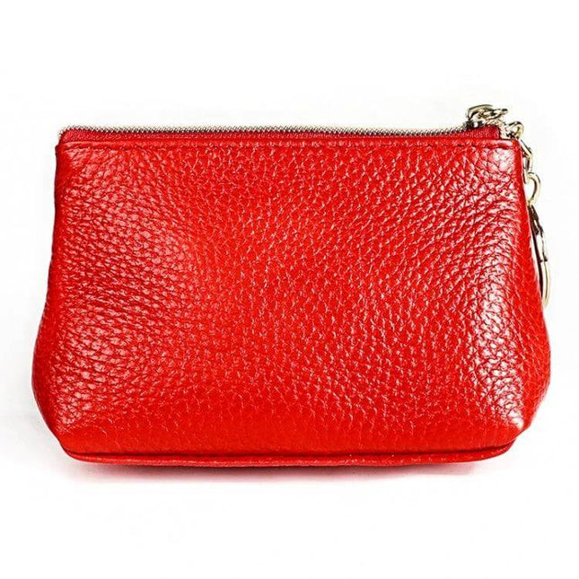 Litchi Texture Cowhide Small Wallet For Women Daily Use - red litchi-textured cowhide dumpling-style compact wallet with zipper and key ring