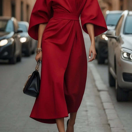 Loose Batwing Sleeve Belted Dress For Everyday Casual Wear in red polyester with detachable waist belt and wide batwing sleeves styled on city street