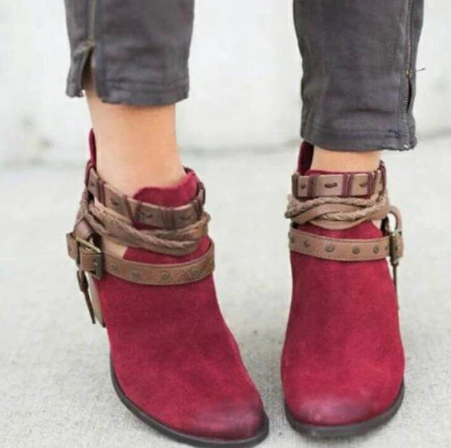 Mid Calf Suede Martin Boots With Block Heel For Daily Wear in red suede with rivet belt accents and braided straps, rubber outsole for city walking