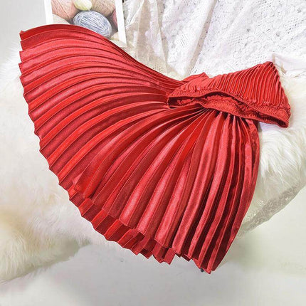 Pleated Satin Skirt, High Waist For Spring And Summer in glossy red polyester satin with stitched pleats, styled for office or casual wear