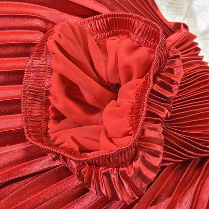 Pleated Satin Skirt, High Waist For Spring And Summer - red glossy polyester satin pleats, stitched folds and elasticized waistband detail