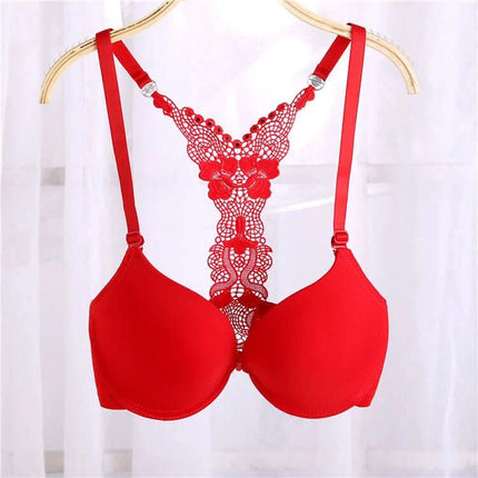 Push Up Front Closure Bra With Y Back For Everyday Wear Black - red bra with lace Y-back and front closure