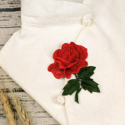 Rose Embroidery Patch Set For Clothes And Accessories - red rayon rose patch on white jacket, 8.5x6.5cm decorative applique