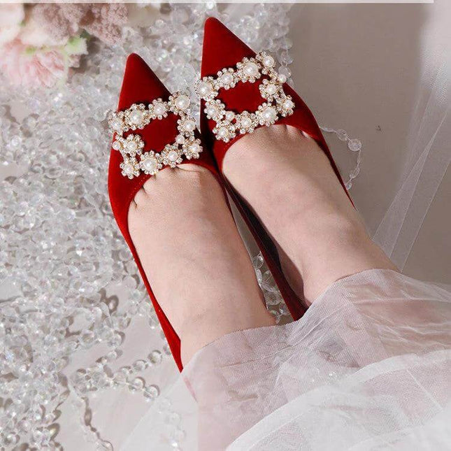 Pearl Rhinestone Stiletto Wedding Heels For Bride Satin in red satin with pearl and rhinestone buckle, slim stiletto for ceremony and photos