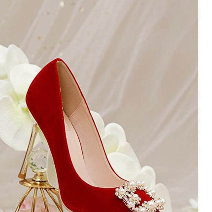 Pearl Rhinestone Stiletto Wedding Heels For Bride Satin red velvet bridal stiletto with pearl and rhinestone buckle, slim heel for ceremony and photos