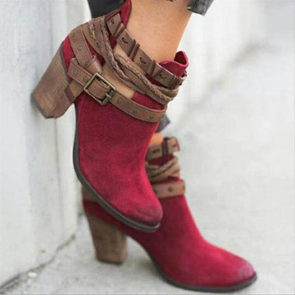 Mid Calf Suede Martin Boots With Block Heel For Daily Wear - red suede mid-calf boots with rivet belt and 6–8 cm block heel, rubber outsole for city commuting