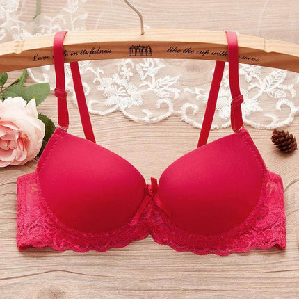 Underwire Gathered Lace Bra For Small Bust With Rear Hook - red thin molded cups, lace trim and small bow, underwire support for everyday wear