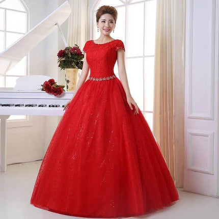 Wedding Dress With Lace Shoulder, Slim Fit for Brides in red mid-waist princess skirt with lace shoulders and subtle sparkle