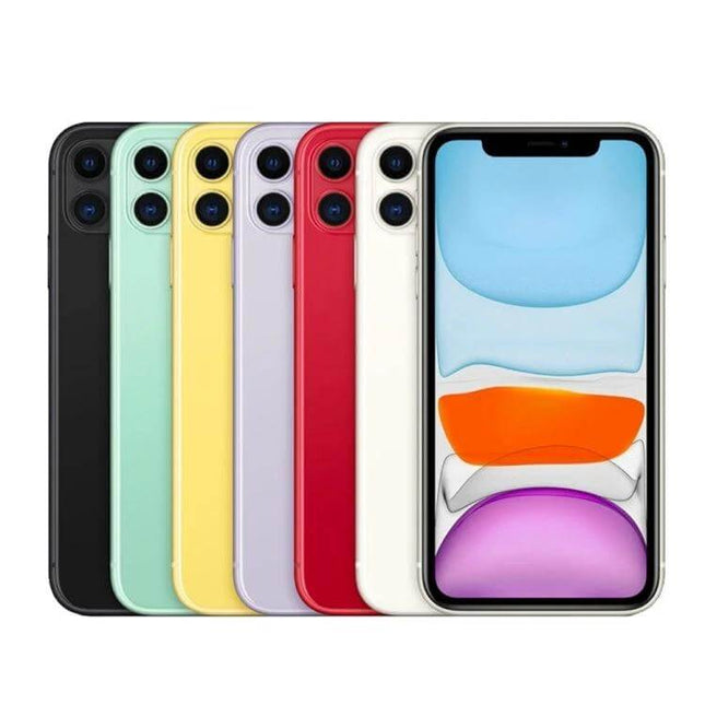 Apple iPhone 11 Unlocked 64GB Refurbished Smartphone - Mixed Colors, front and back views showing multiple color options and dual rear cameras