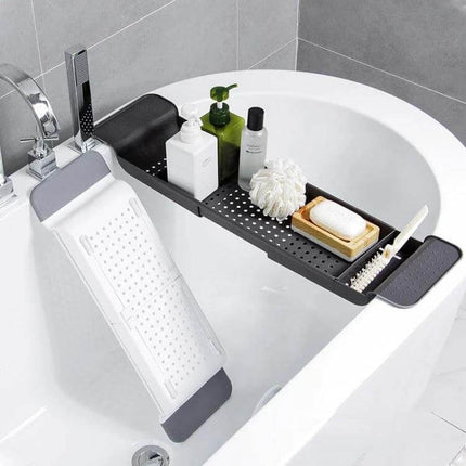 Retractable Bathtub Shelf Rack Adjustable White Gray across tub holding soap bottles sponge and brush, ventilated extendable storage