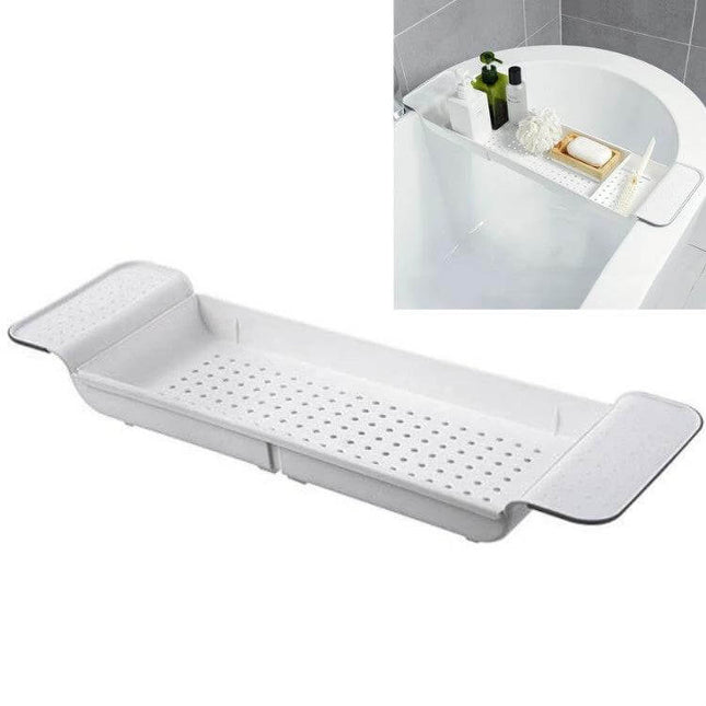Retractable Bathtub Shelf Rack Adjustable White Gray over bathtub holding soap, bottle and washcloth with ventilated PP‑TPR surface