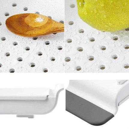 Retractable Bathtub Shelf Rack Adjustable White Gray ventilated extendable shelf holding soap, spoon and fruit, non-slip TPR edge, PP drain holes