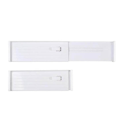 Retractable Drawer Storage Partition Board For Drawer Organization white expandable divider showing compact and extended lengths