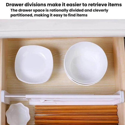 Retractable Drawer Storage Partition Board For Drawer Organization in a kitchen drawer holding bowls and chopsticks, adjustable divider installed