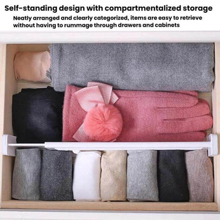 Retractable Drawer Storage Partition Board For Drawer Organization neatly dividing socks and gloves in a wooden drawer, expandable organizer