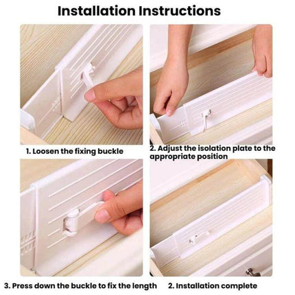 Retractable Drawer Storage Partition Board For Drawer Organization showing tool-free installation steps in a wooden drawer
