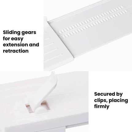 Retractable Drawer Storage Partition Board For Drawer Organization showing sliding gears and clip-secured retractable white divider