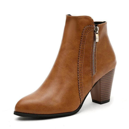 Retro Distressed Chunky Heel Ankle Boots For Women In Black - brown distressed synthetic PU ankle boot with side zip and 6–8 cm chunky heel