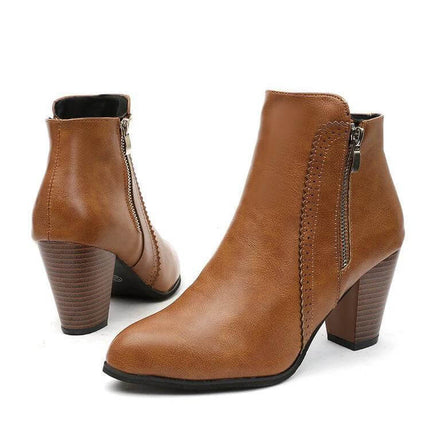 Retro Distressed Chunky Heel Ankle Boots For Women In Black - brown distressed PU pointed toe boots with side zip and 6–8 cm chunky heel