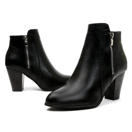 Retro Distressed Chunky Heel Ankle Boots For Women In Black - pointed toe side-zip black ankle boots with 6–8 cm chunky heel for street and office wear