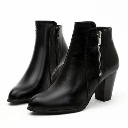 Retro Distressed Chunky Heel Ankle Boots For Women In Black - pointed toe side zip black ankle boots with 6–8 cm chunky heel