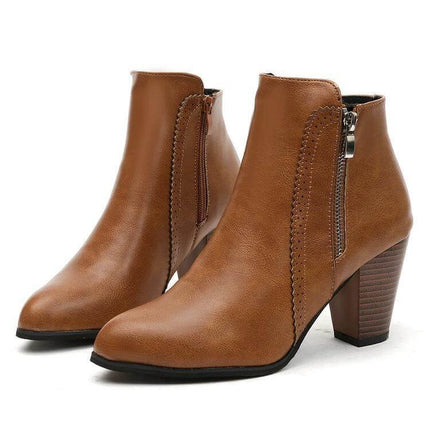 Retro Distressed Chunky Heel Ankle Boots For Women In Black - tan distressed synthetic PU ankle boots with pointed toe, side zip and 6–8 cm chunky heel