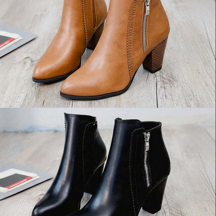Retro Distressed Chunky Heel Ankle Boots For Women In Black - side-zip pointed toe black ankle boots with 6–8 cm chunky heel for streetwear and office