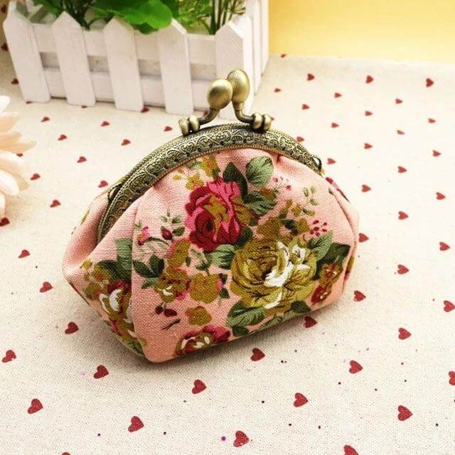 Retro Flower Wallet For Women, Small Canvas Purse For Everyday Use - compact pink floral coin purse with vintage metal clasp, durable canvas, fits small bags