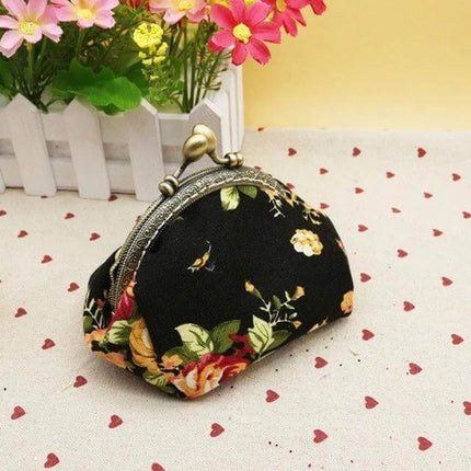 Retro Flower Wallet For Women, Small Canvas Purse For Everyday Use - black floral compact canvas coin purse with metal clasp, fits small handbags