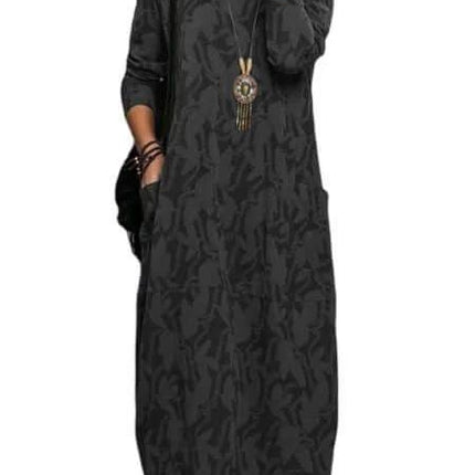 Retro Knitted A Line Mid Length Dress With Geometric Pattern in black polyester A-line dress, regular sleeves, pockets, casual office or weekend wear