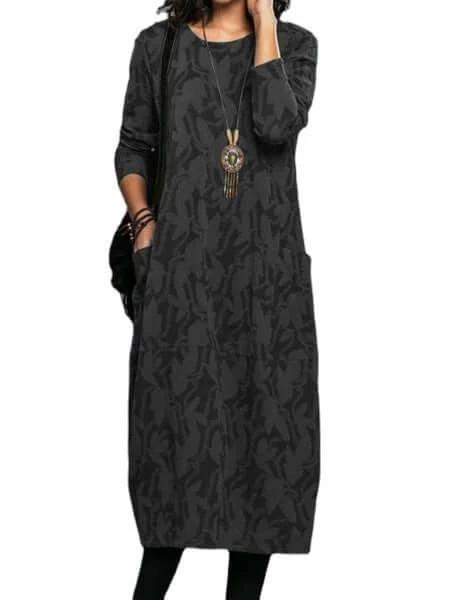 Retro Knitted A Line Mid Length Dress With Geometric Pattern in black polyester A-line dress, regular sleeves, pockets, casual office or weekend wear