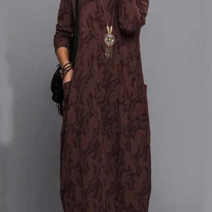 Retro Knitted A Line Mid Length Dress With Geometric Pattern in burgundy knitted polyester A-line dress with long sleeves and pockets