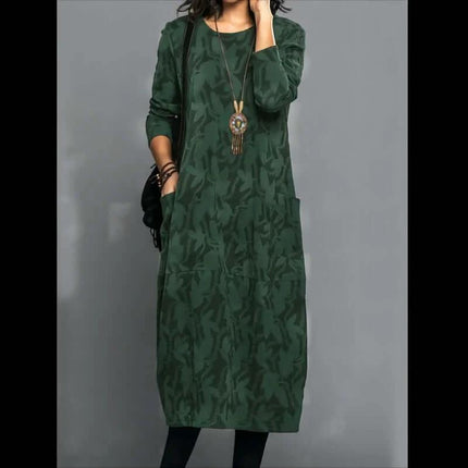 Retro Knitted A Line Mid Length Dress With Geometric Pattern in green knitted polyester, A-line cut, long sleeves, casual office and weekend outfit