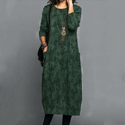 Retro Knitted A Line Mid Length Dress With Geometric Pattern in green knitted polyester A-line dress with long sleeves, side pockets, casual office and weekend style