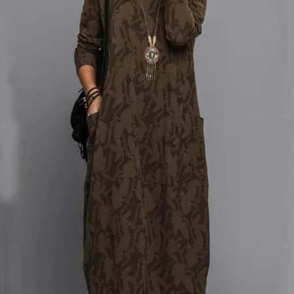 Retro Knitted A Line Mid Length Dress With Geometric Pattern in dark brown knitted polyester A-line mid dress styled with long sleeves and pockets