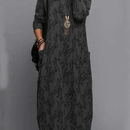 Retro Knitted A Line Mid Length Dress With Geometric Pattern in dark gray polyester, A-line casual office and weekend knit dress, long sleeves, side pockets