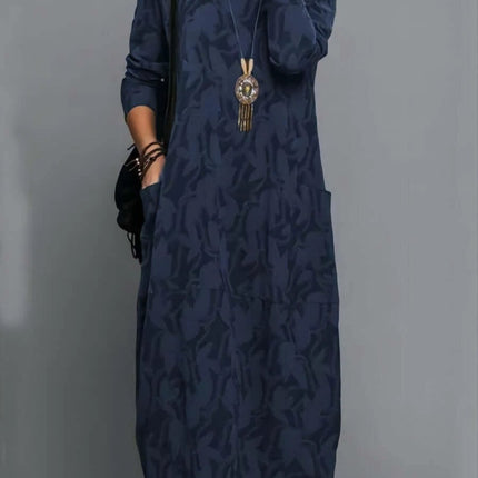 Retro Knitted A Line Mid Length Dress With Geometric Pattern in navy blue polyester, A-line casual office or weekend dress with pockets