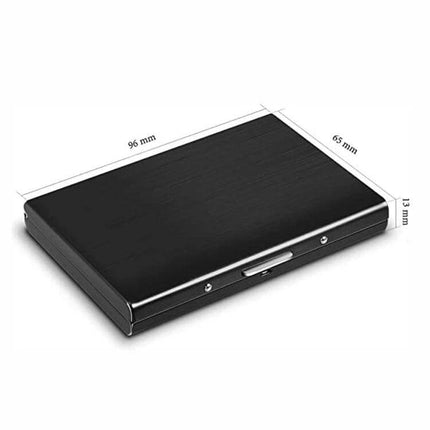 RFID Anti Theft Aluminum Card Case for Business Cards slim black aluminum alloy card holder with dimensions 96x65x13mm, RFID blocking, durable metallic finish