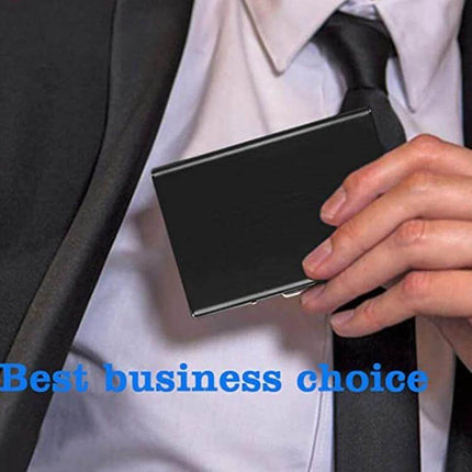 RFID Anti Theft Aluminum Card Case for Business Cards in black held by professional in suit, compact aluminum business card holder