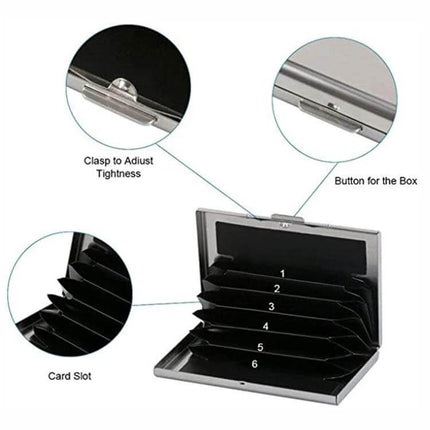 RFID Anti Theft Aluminum Card Case for Business Cards open showing numbered card slots, clasp and button details, metallic aluminum finish