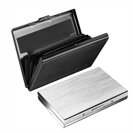 RFID Anti Theft Aluminum Card Case for Business Cards in brushed silver, open and closed showing interior card slots and RFID protection