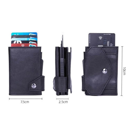 RFID Anti Theft Card Wallet With Pop Up Holder Black compact PU and anodized aluminum cardholder showing front side, profile and back with cards visible