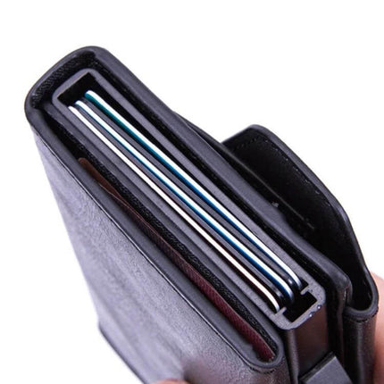 RFID Anti Theft Card Wallet With Pop Up Holder Black showing slim PU exterior and anodized aluminum core with cards partially ejected