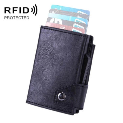 Alt Tag: RFID Anti Theft Card Wallet With Pop Up Holder Black slim PU wallet with anodized aluminum frame, holds 5–6 cards, pop-up card ejector, RFID protected